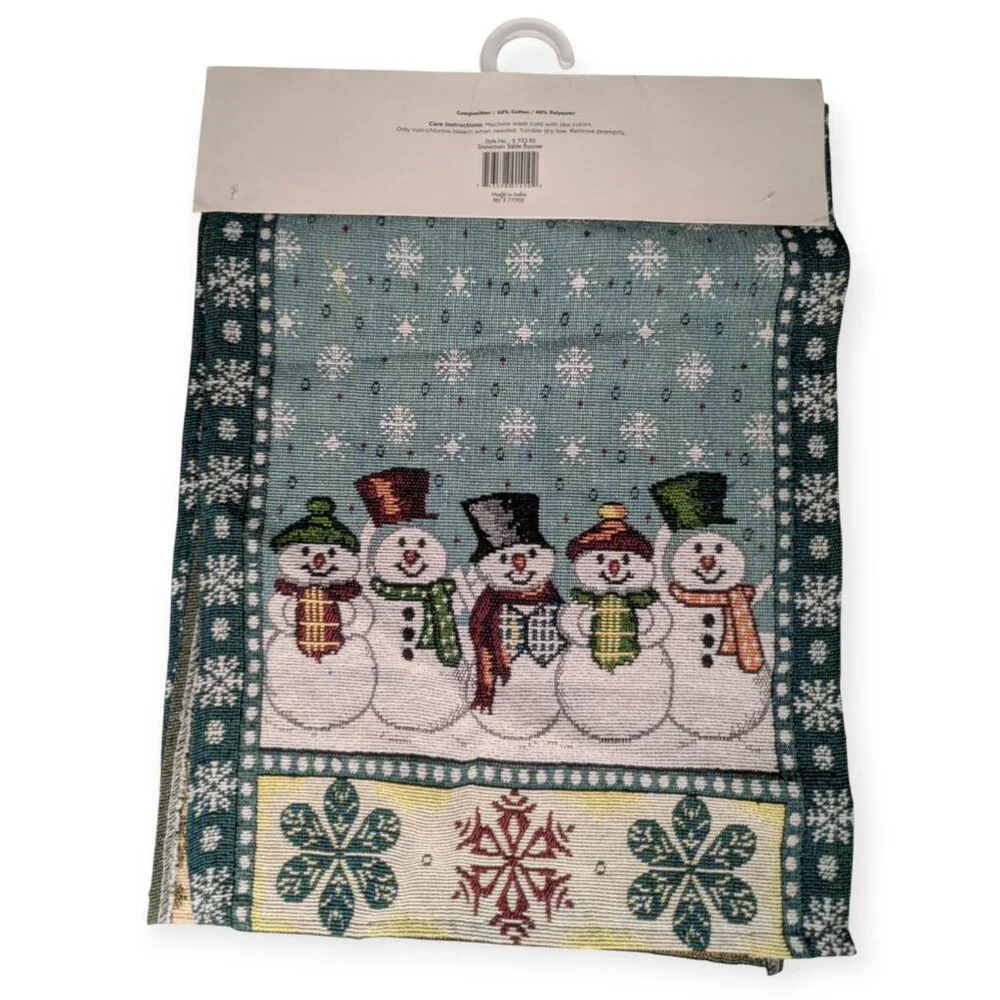 NWT Holiday Style Blue & White Snowman Tapestry Rectangle Table Runner 13